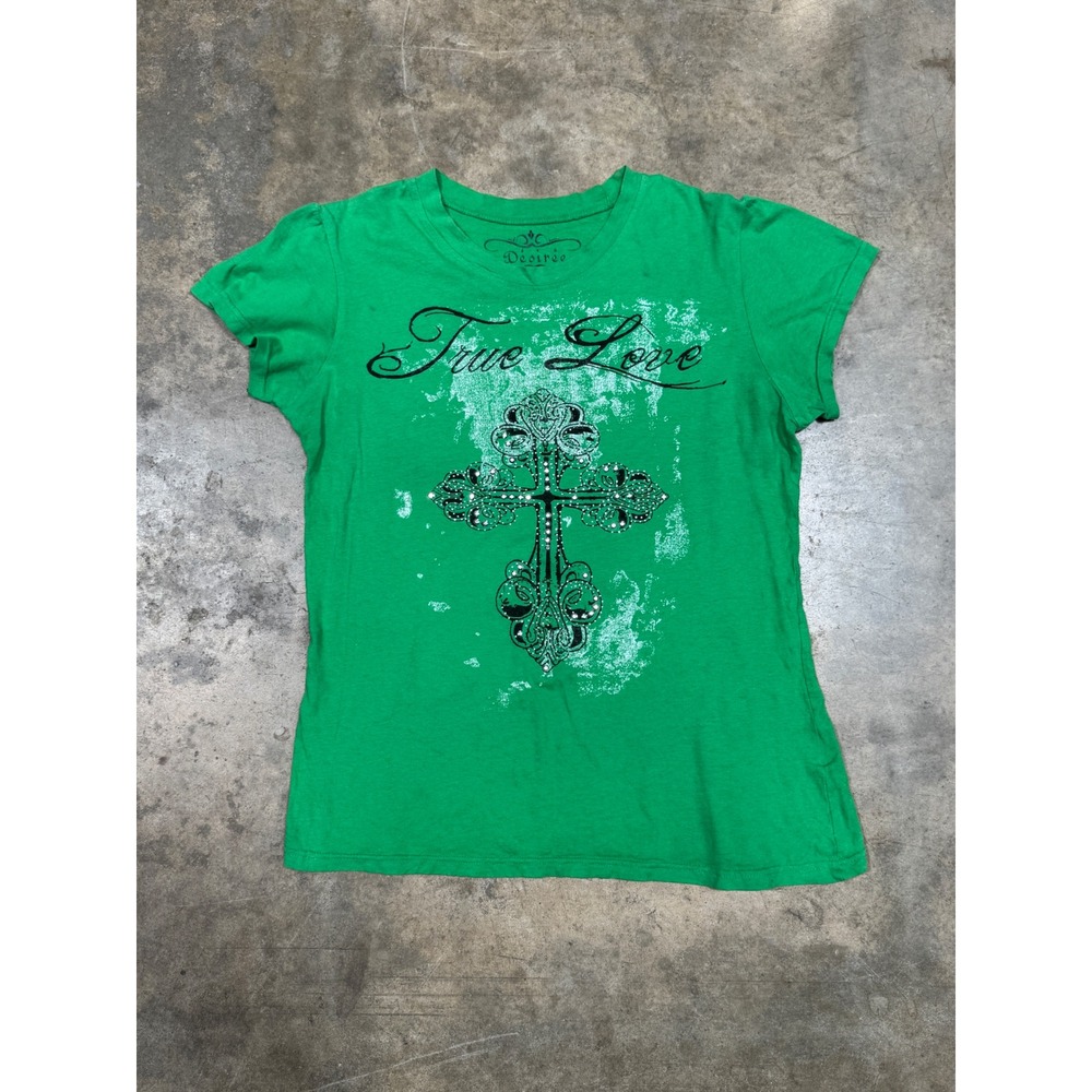 Desiree Graphic Green Tee Women Sz L Rhinestone Cross True‎ Love Y2K Grunge